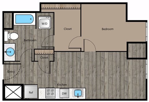Floor plan for 1 bed, 1 bath, 691 sqft